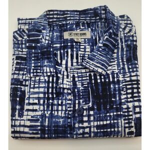 Stacy Adams Mens Shirt 4X Blue White Abstract Print Linen Cotton Short Sleeve